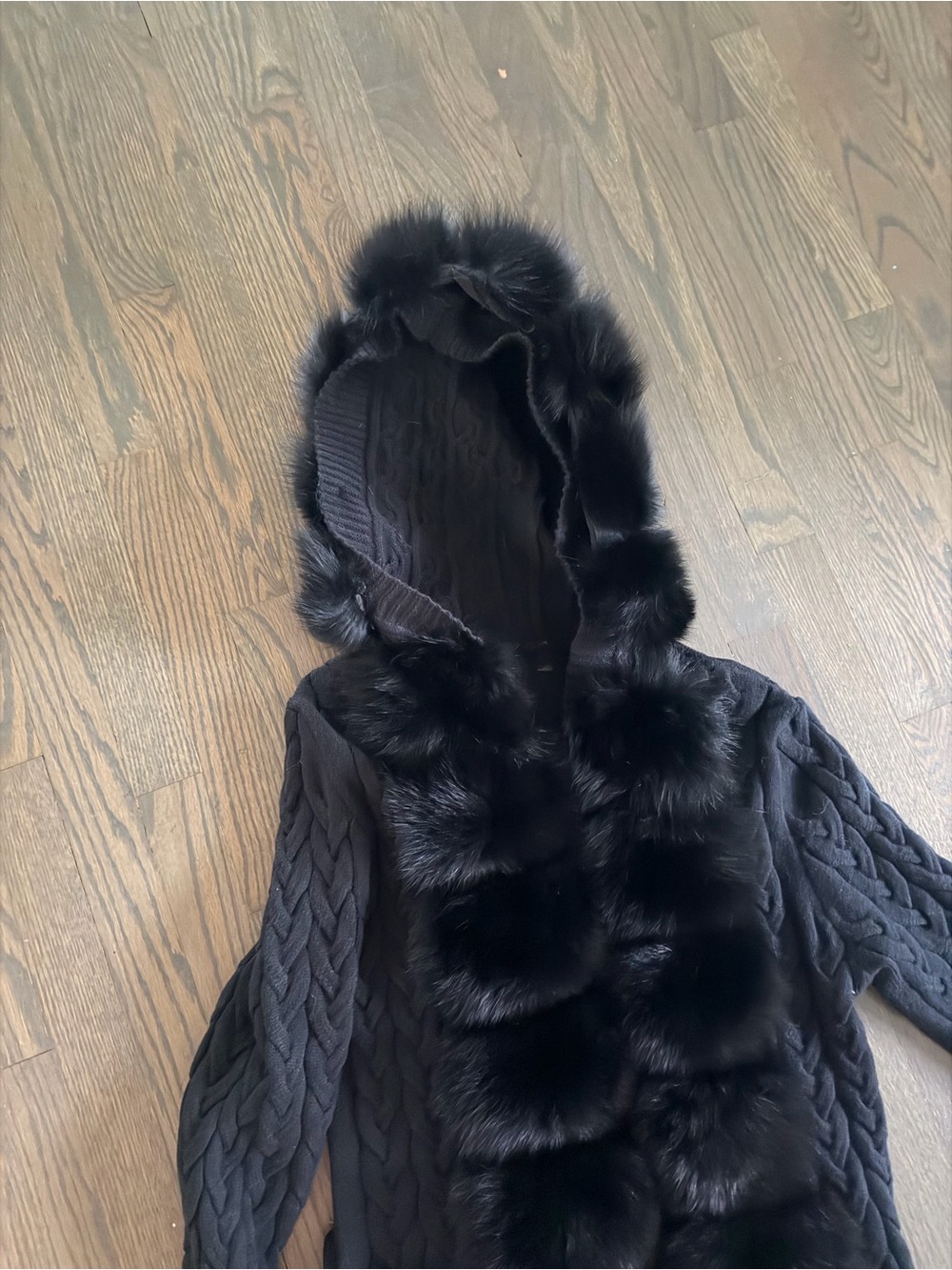 Black Hooded Cable Knit Cardigan with Faux Fur Trim